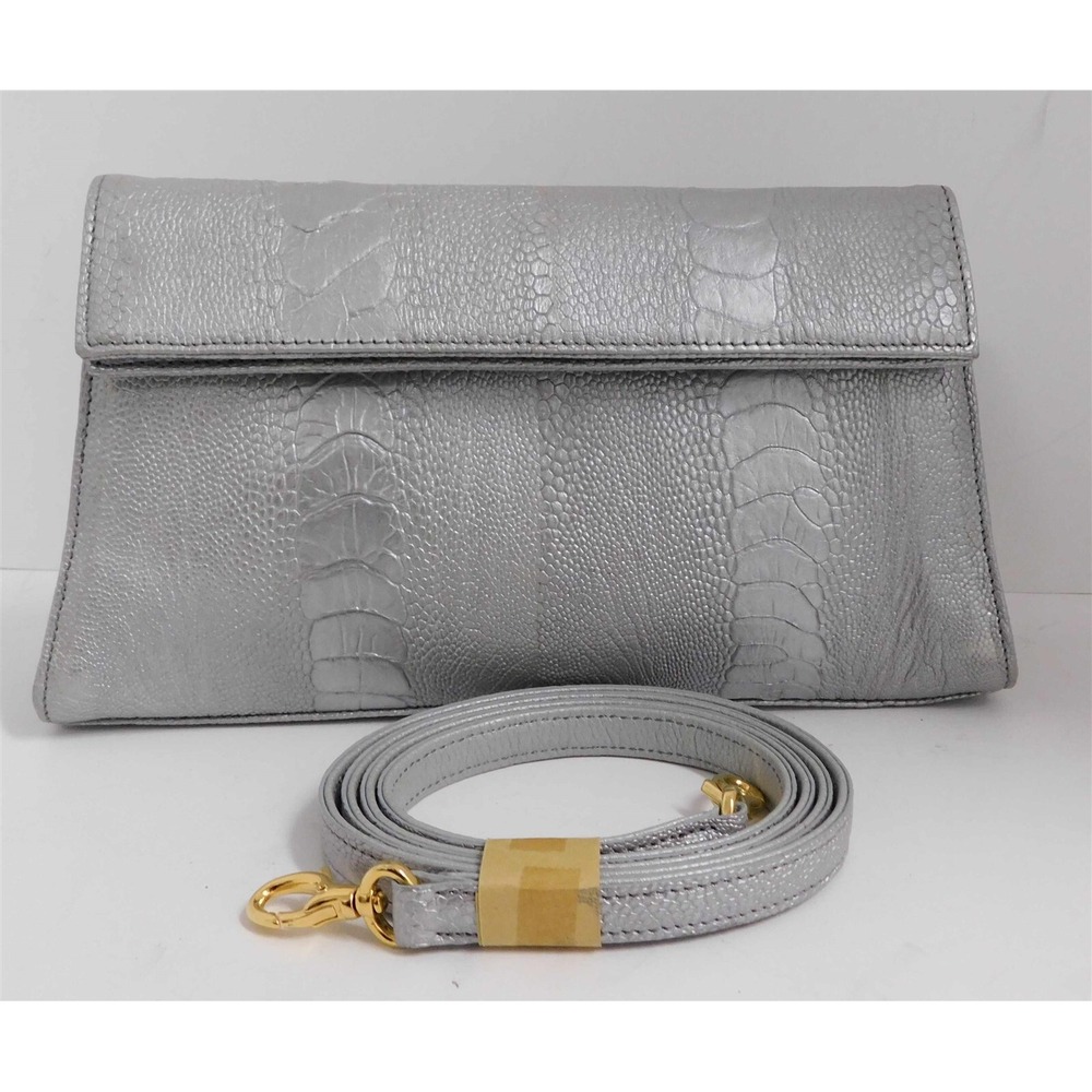Eileen Kramer Genuine Silver Ostrich Clutch Crossbody Bag